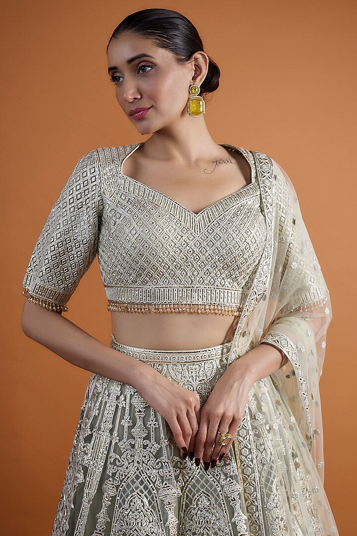 Mint Tulle Embroidered Bridal Lehenga Set by Falguni Shane Peacock at Pernia's Pop Up Shop