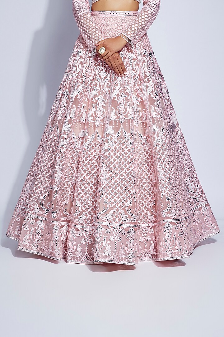 Pink Net Embroidered Bridal Lehenga Set by Falguni Shane Peacock at Pernia's Pop Up Shop