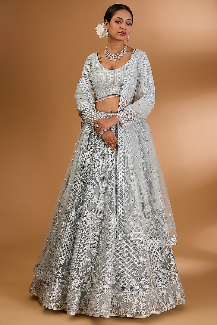 Ice Blue Net Embroidered Bridal Lehenga Set by Falguni Shane Peacock India at Pernia's Pop Up Shop