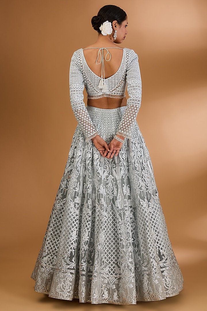 Ice Blue Net Embroidered Bridal Lehenga Set by Falguni Shane Peacock India at Pernia's Pop Up Shop