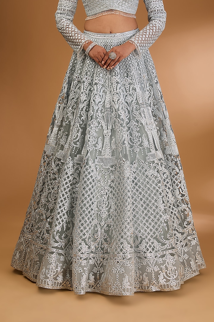 Ice Blue Net Embroidered Bridal Lehenga Set by Falguni Shane Peacock India at Pernia's Pop Up Shop
