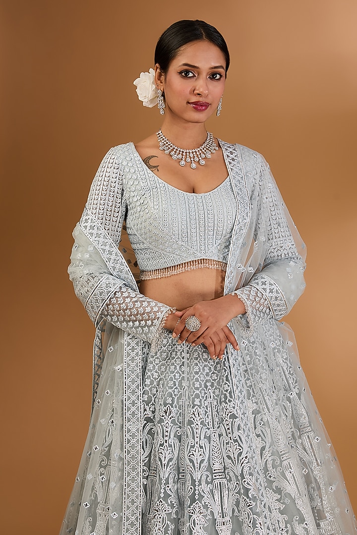 Ice Blue Net Embroidered Bridal Lehenga Set by Falguni Shane Peacock India at Pernia's Pop Up Shop