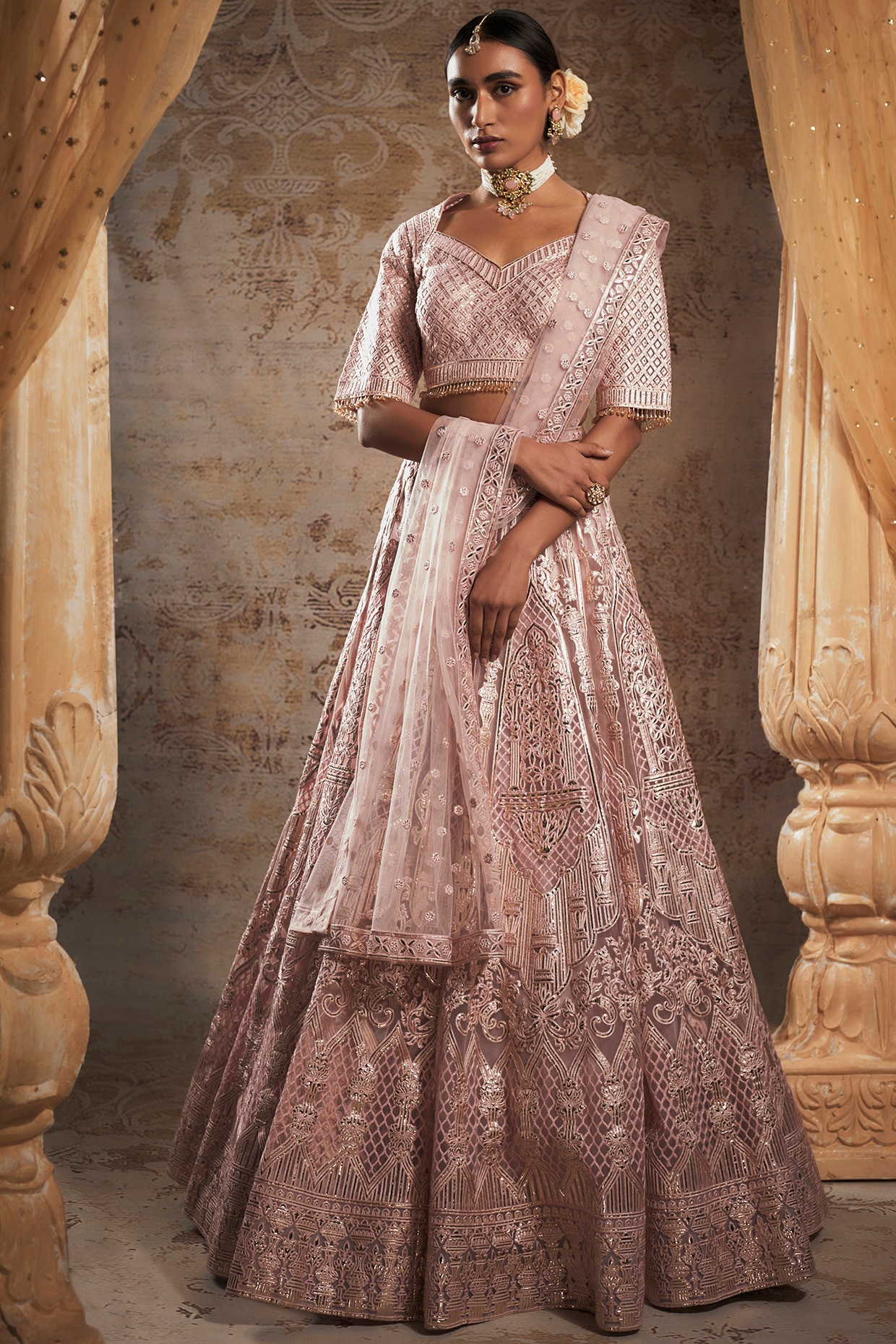 Pink Tulle Bridal Lehenga Set Design by Falguni Shane Peacock at