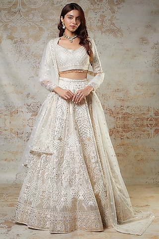 White & Gold Net Embroidered Lehenga Set by Falguni Shane Peacock