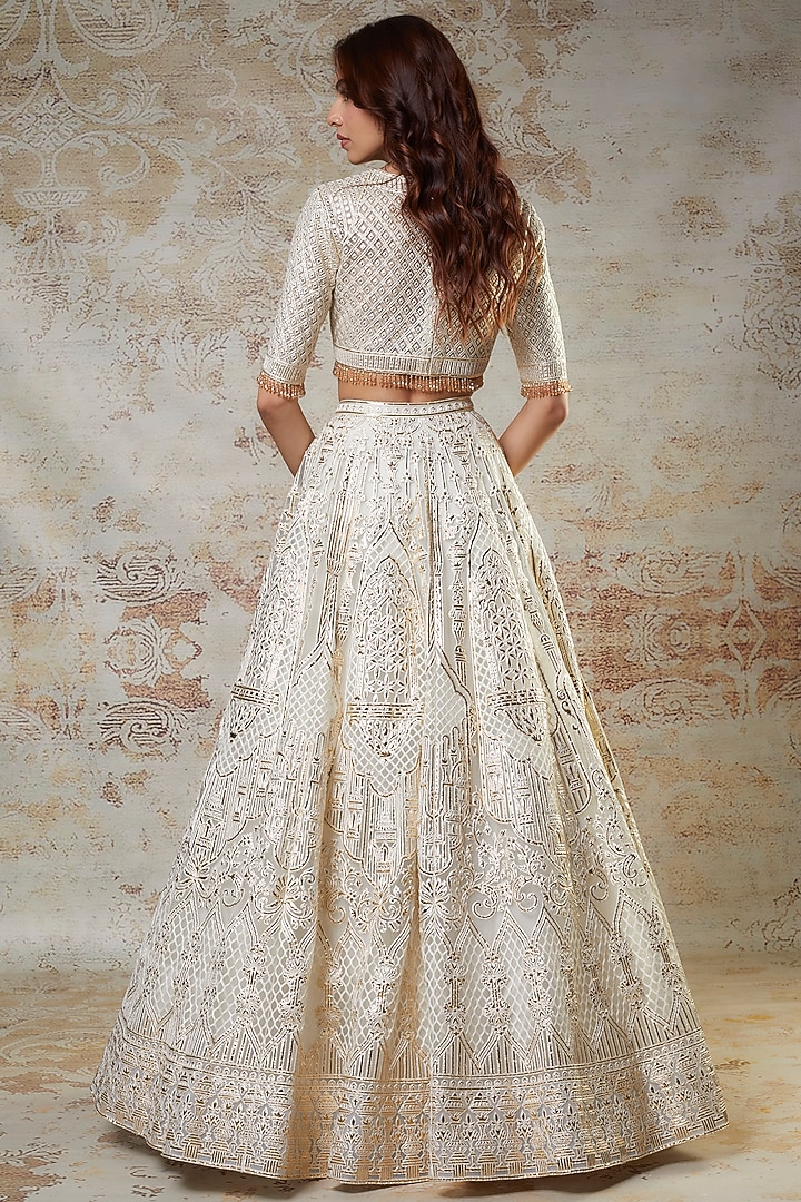 White & Gold Net Embroidered Bridal Lehenga Set by Falguni Shane Peacock at Pernia's Pop Up Shop