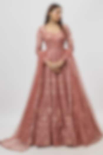 Dark Rose Pink Georgette Anarkali Set by Falguni Shane Peacock India at Pernia's Pop Up Shop