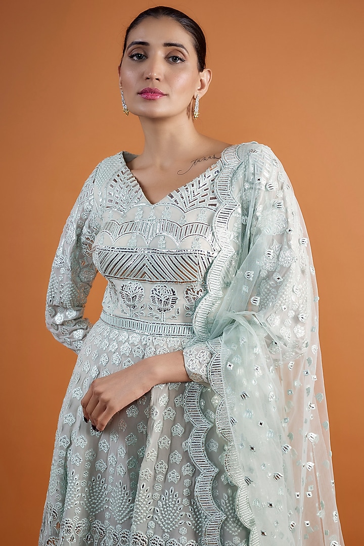 Blue Georgette Embroidered Bridal Anarkali Set by Falguni Shane Peacock at Pernia's Pop Up Shop