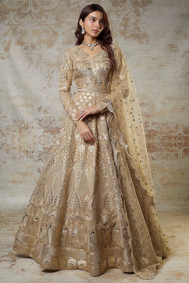 Light Yellow Georgette Embroidered Anarkali Set by Falguni Shane Peacock