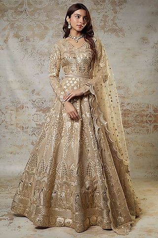 Light Yellow Georgette Embroidered Anarkali Set by Falguni Shane Peacock