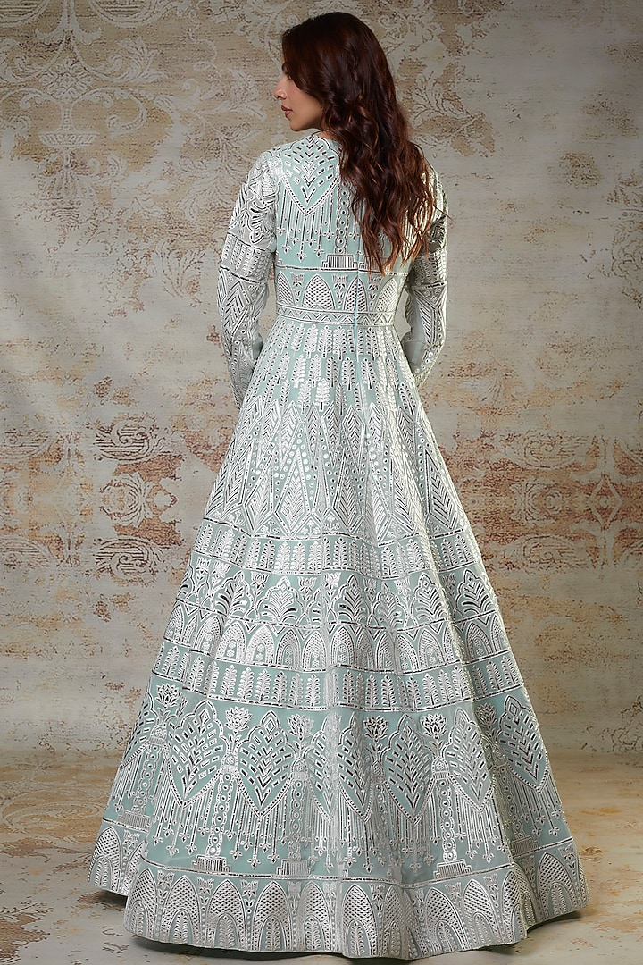 Ice Blue Georgette Embroidered Bridal Anarkali Set by Falguni Shane Peacock at Pernia's Pop Up Shop