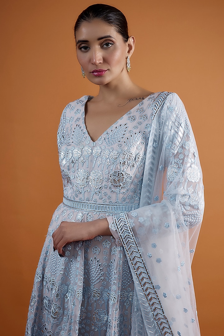 Lilac Georgette Embroidered Bridal Anarkali Set by Falguni Shane Peacock at Pernia's Pop Up Shop