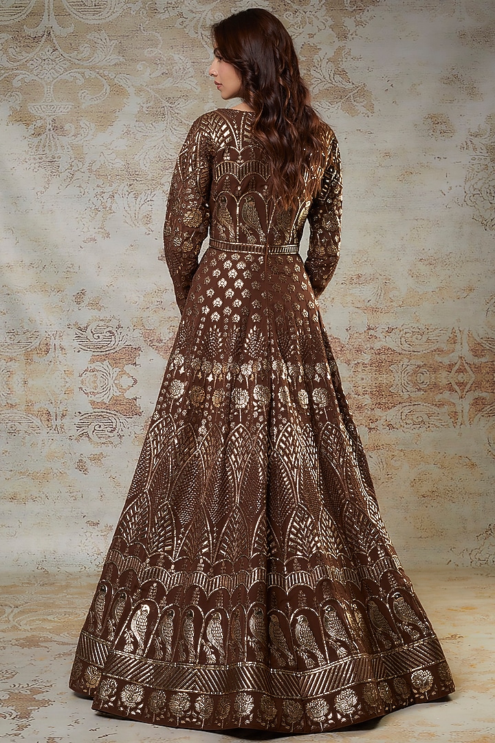 Mocha Brown Georgette Embroidered Bridal Anarkali Set by Falguni Shane Peacock at Pernia's Pop Up Shop