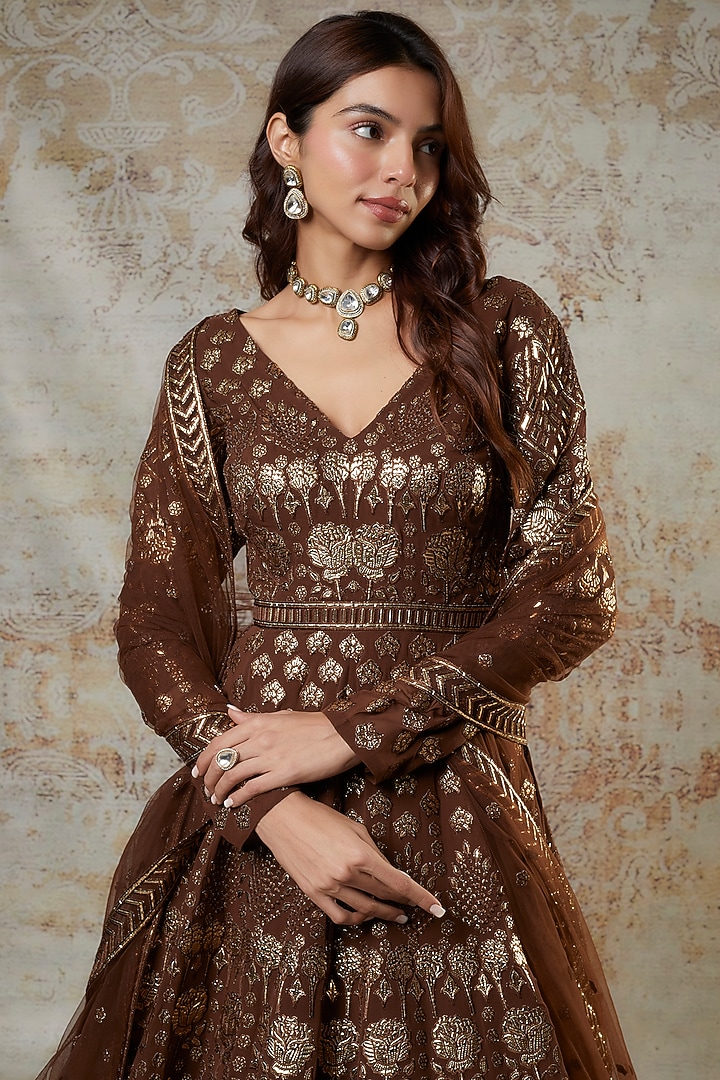 Mocha Brown Georgette Embroidered Bridal Anarkali Set by Falguni Shane Peacock at Pernia's Pop Up Shop