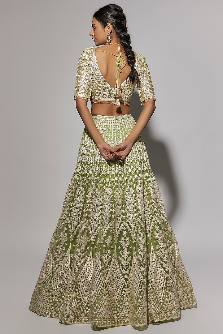 Lime Green Net Foil Bridal Bridal Lehenga Set by Falguni Shane Peacock at Pernia's Pop Up Shop