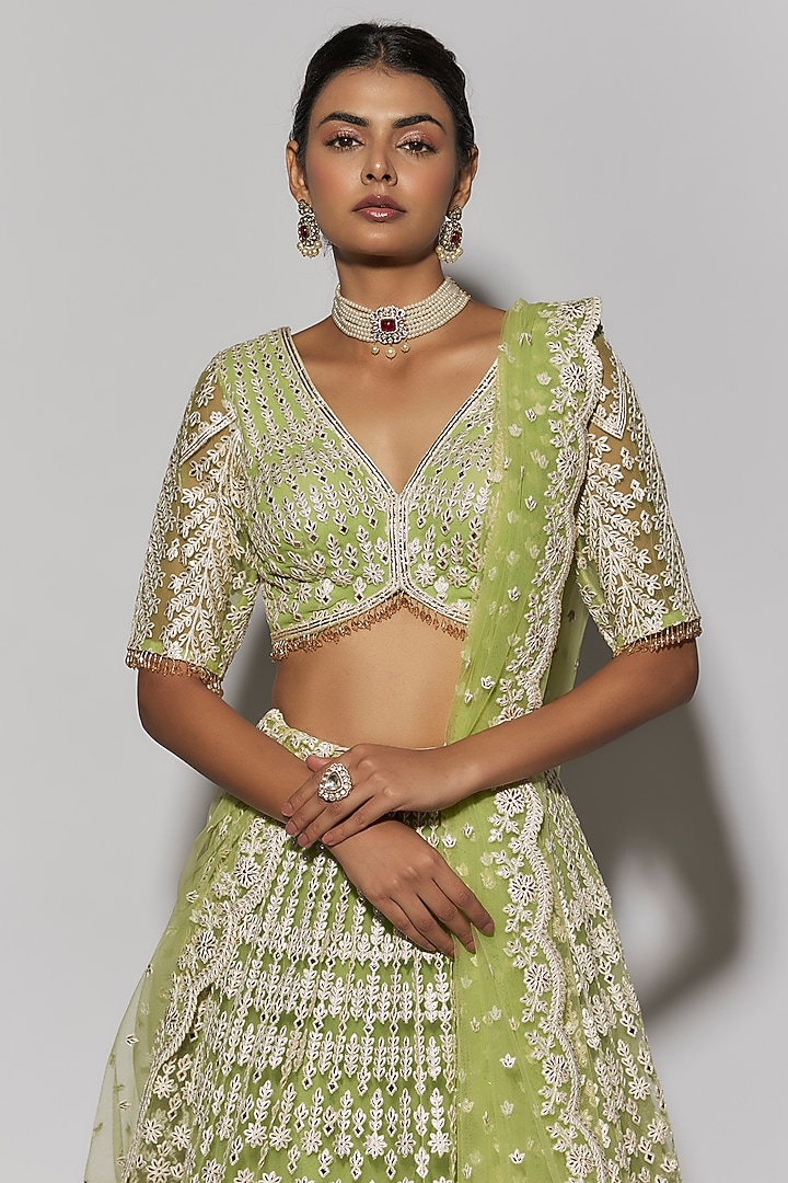 Lime Green Net Foil Bridal Bridal Lehenga Set by Falguni Shane Peacock at Pernia's Pop Up Shop