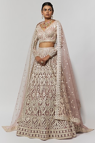 Mauve Net Foil Bridal Lehenga Set by Falguni Shane Peacock