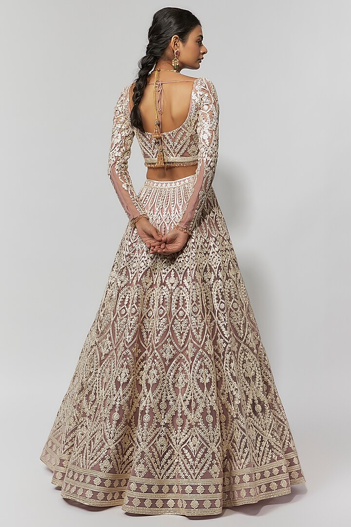 Mauve Net Foil Bridal Bridal Lehenga Set by Falguni Shane Peacock at Pernia's Pop Up Shop