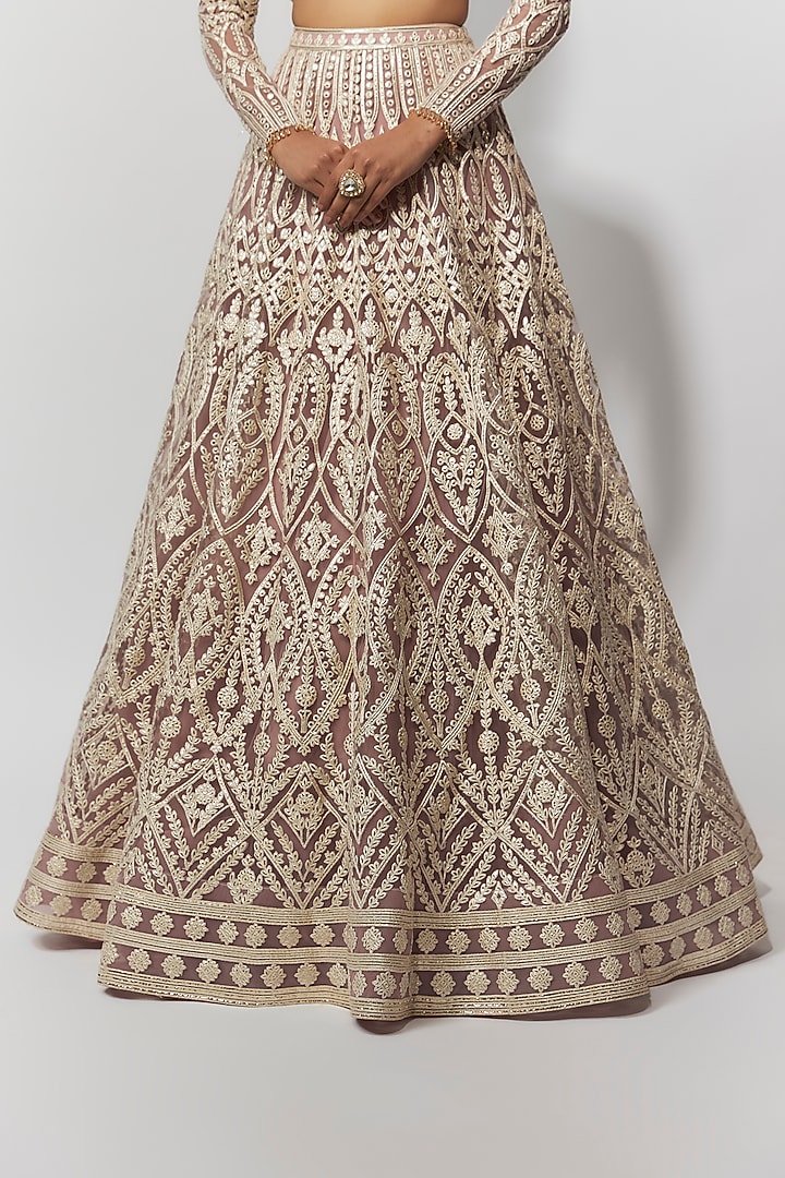 Mauve Net Foil Bridal Bridal Lehenga Set by Falguni Shane Peacock at Pernia's Pop Up Shop
