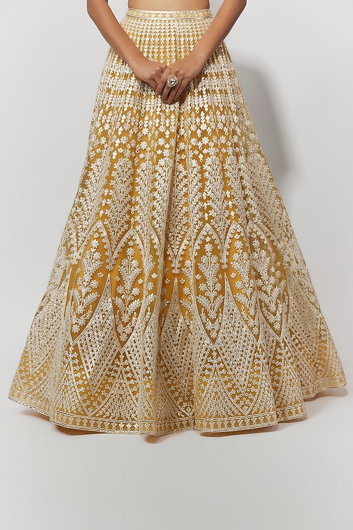 Yellow Net Foil Bridal Bridal Lehenga Set by Falguni Shane Peacock at Pernia's Pop Up Shop
