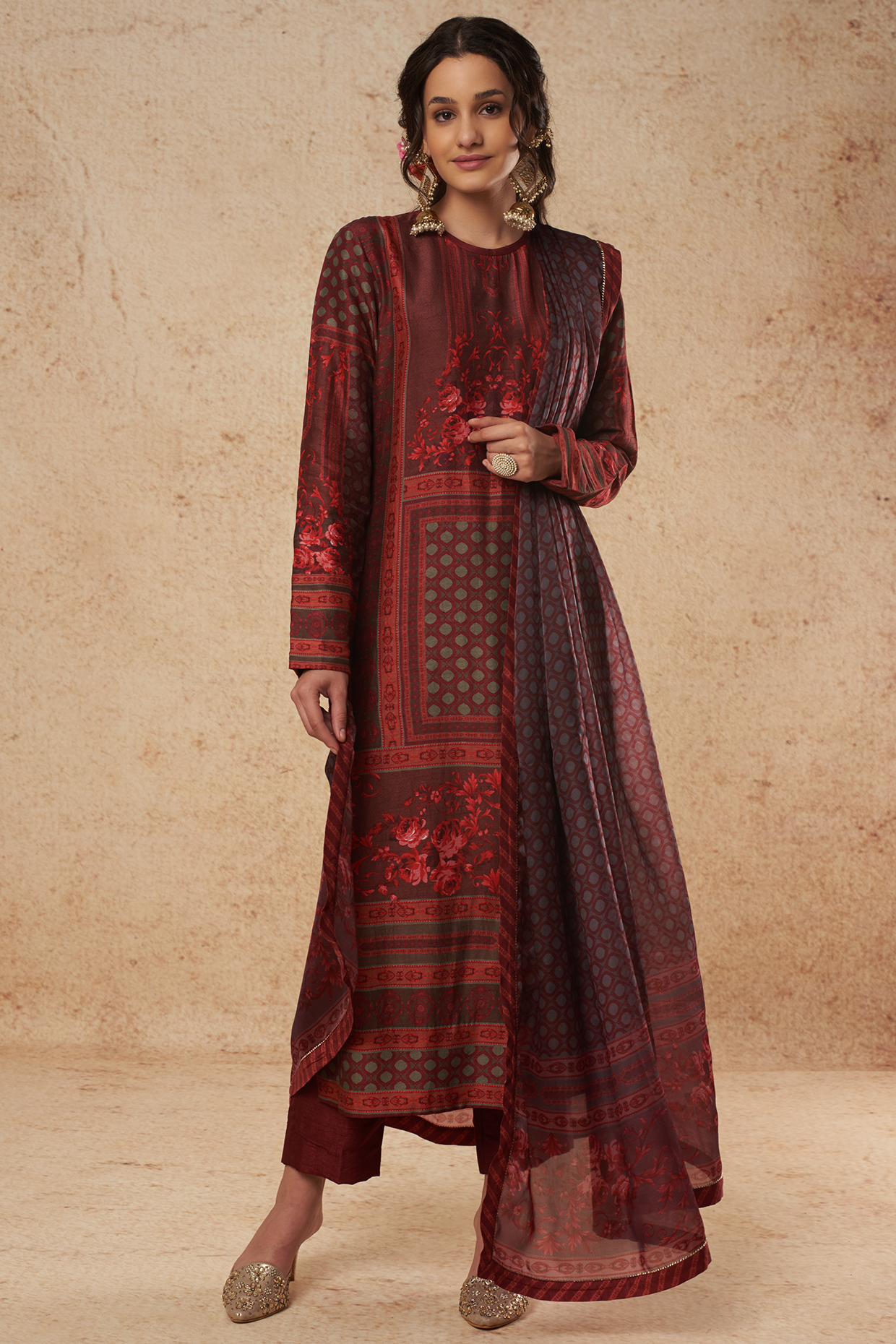 Red Printed Kurta Set by Falguni Shane Peacock India