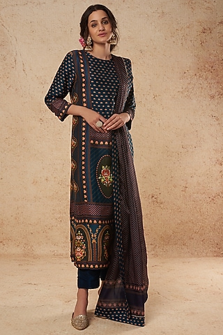 Blue Printed Kurta Set by Falguni Shane Peacock India