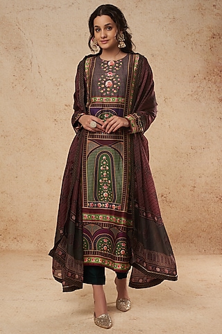 Dark Blue Silk Printed Kurta Set by Falguni Shane Peacock India