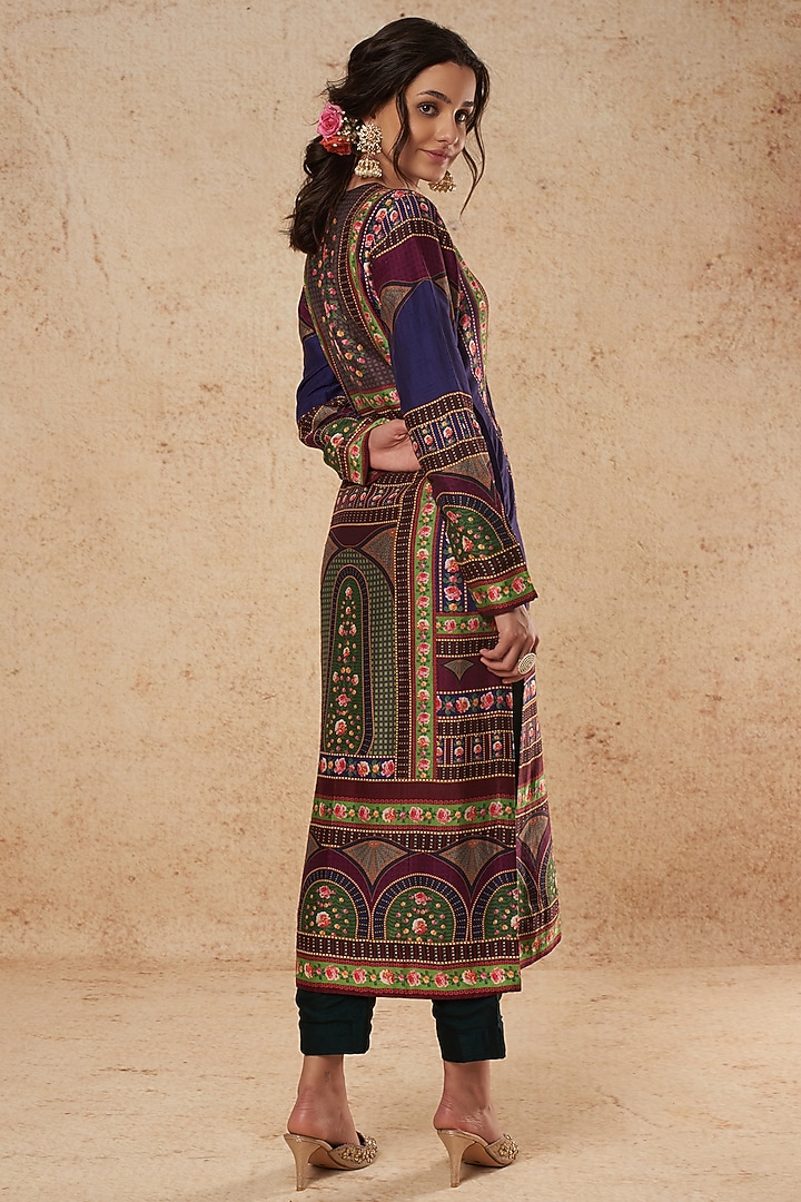 Dark Blue Silk Printed Kurta Set by Falguni Shane Peacock India at Pernia's Pop Up Shop