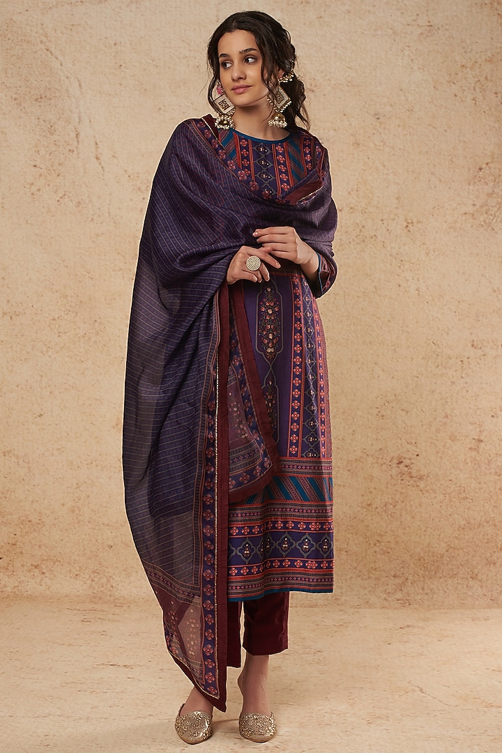 Dark Blue Dupion Silk Kurta Set by Falguni Shane Peacock India