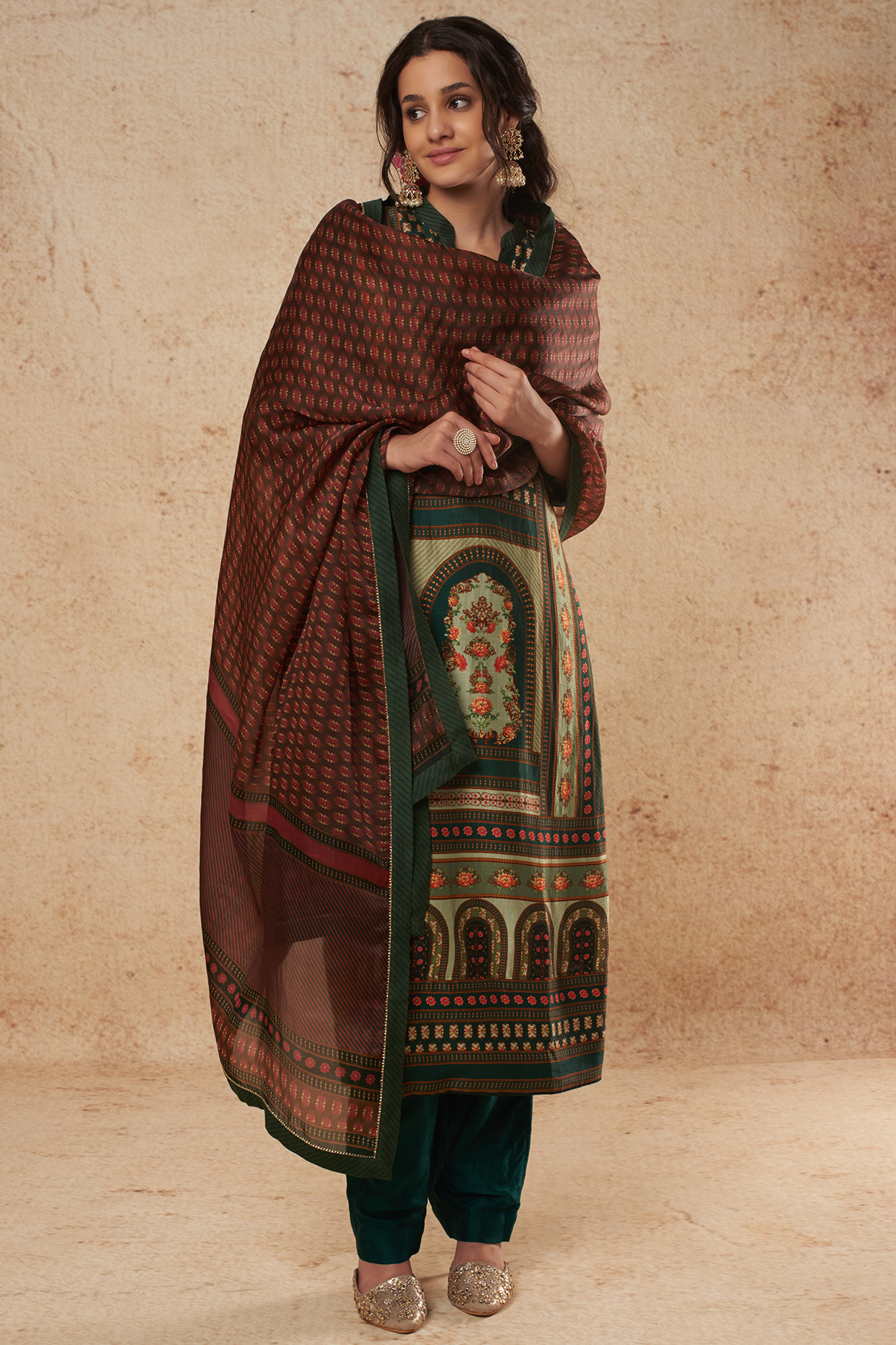 Bottle Green Printed Kurta Set by Falguni Shane Peacock India