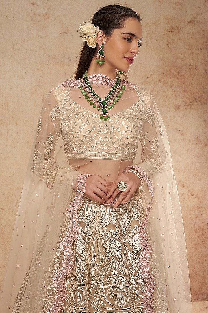 Ivory Tulle Bridal Lehenga Set With Foil Work by Falguni Shane Peacock India at Pernia's Pop Up Shop