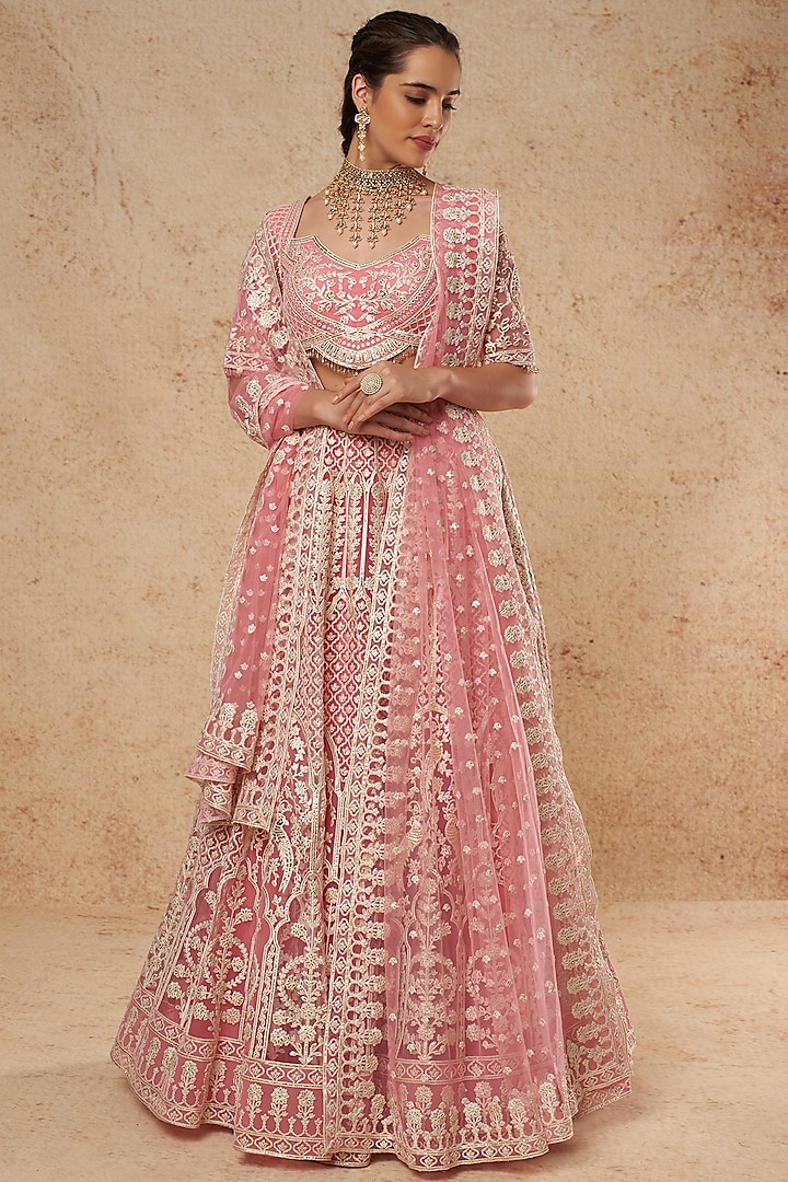 Light Pink Tulle Bridal Lehenga Set With Foil Work by Falguni Shane Peacock India at Pernia's Pop Up Shop