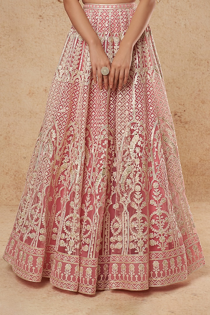 Light Pink Tulle Bridal Lehenga Set With Foil Work by Falguni Shane Peacock India at Pernia's Pop Up Shop
