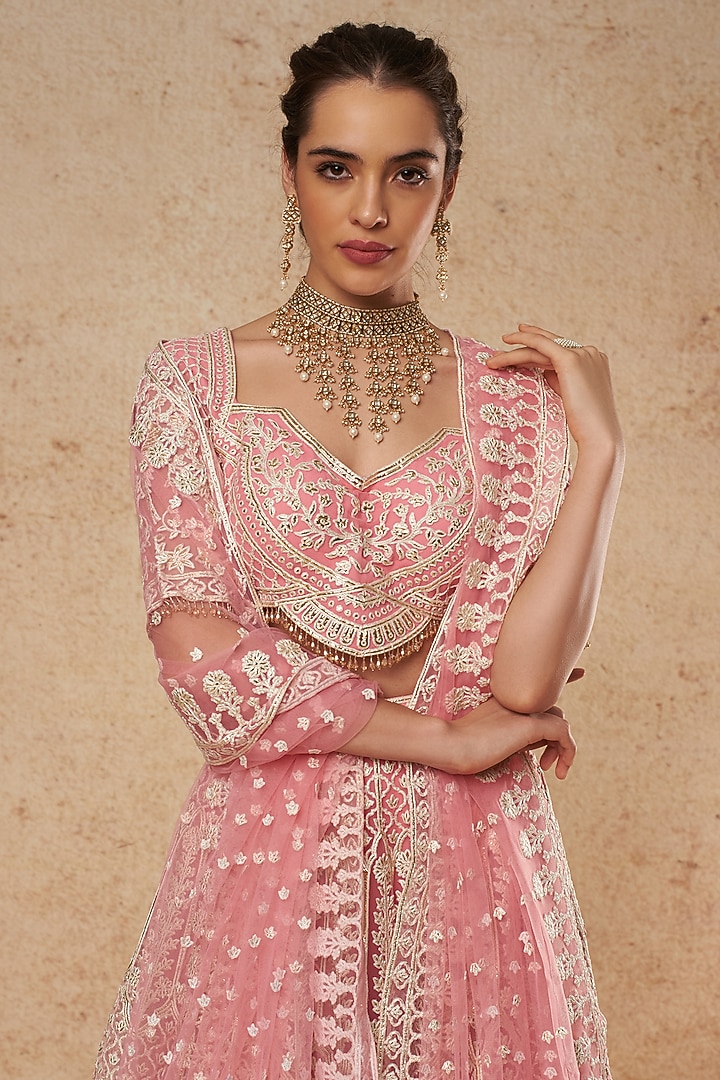 Light Pink Tulle Bridal Lehenga Set With Foil Work by Falguni Shane Peacock India at Pernia's Pop Up Shop