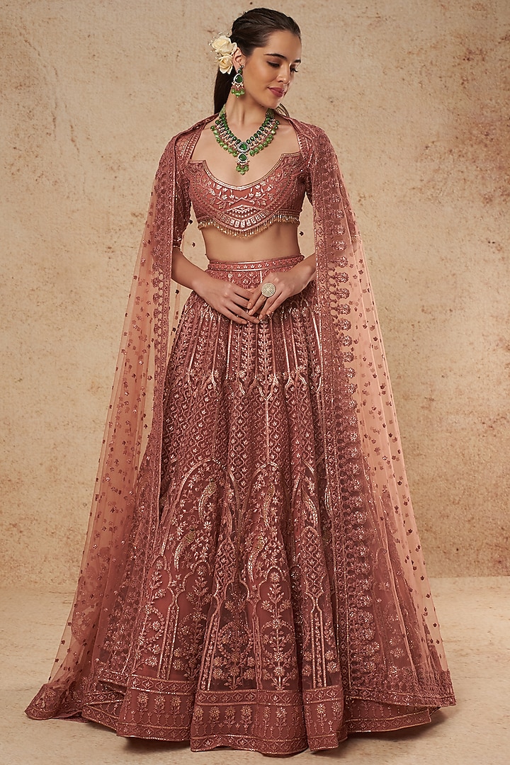 Mauve Tulle Bridal Lehenga Set With Foil Work by Falguni Shane Peacock India at Pernia's Pop Up Shop