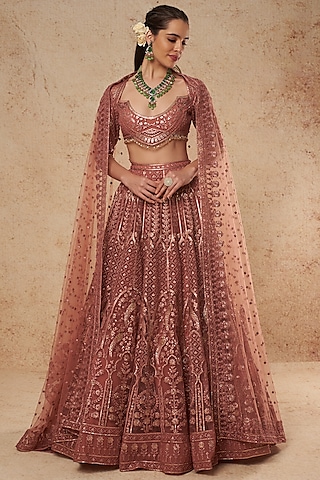 Mauve Tulle Lehenga Set With Foil Work by Falguni Shane Peacock India