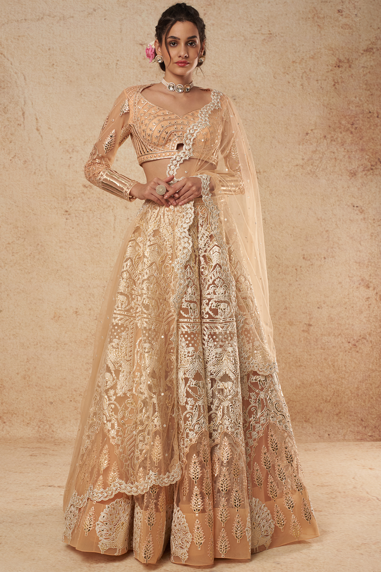 Peach Bridal Lehenga Set With Foil Work by Falguni Shane Peacock India at Pernia's Pop Up Shop