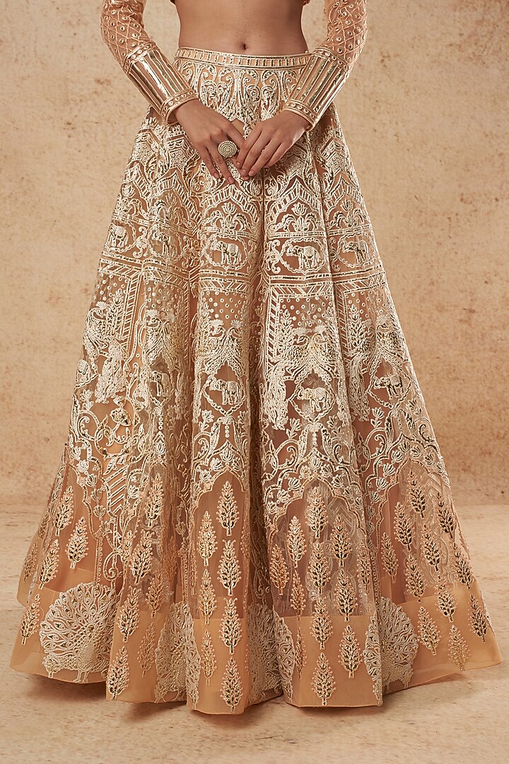 Peach Bridal Lehenga Set With Foil Work by Falguni Shane Peacock India at Pernia's Pop Up Shop
