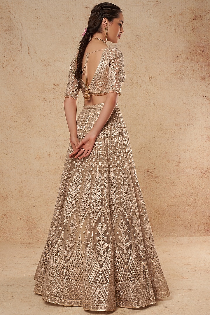 Beige Tulle Bridal Lehenga Set With Gold Foil Work by Falguni Shane Peacock India at Pernia's Pop Up Shop