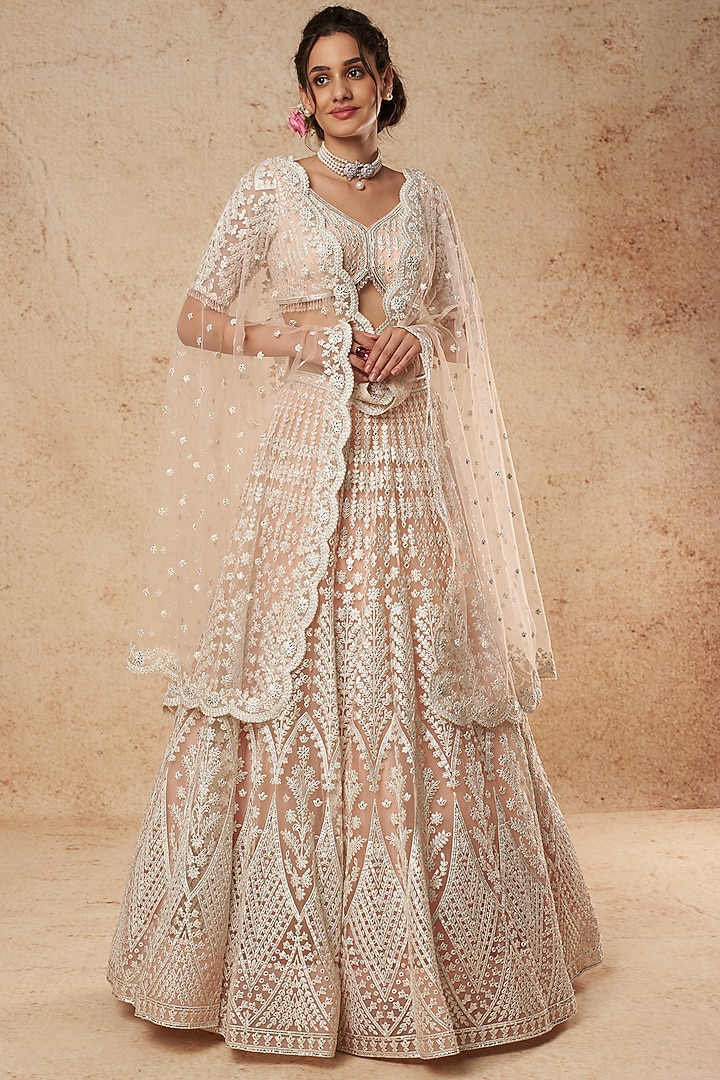 Peach Silver Foil Bridal Lehenga Set by Falguni Shane Peacock India at Pernia's Pop Up Shop