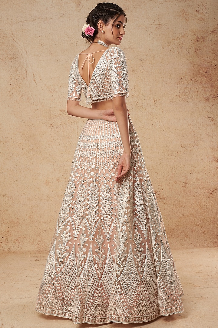 Peach Silver Foil Bridal Lehenga Set by Falguni Shane Peacock India at Pernia's Pop Up Shop
