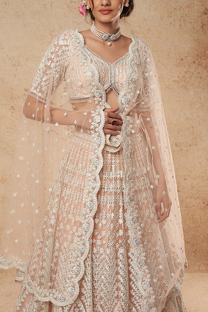 Peach Silver Foil Bridal Lehenga Set by Falguni Shane Peacock India at Pernia's Pop Up Shop