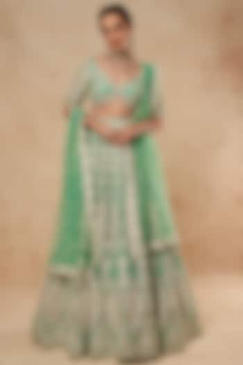 Green Tulle Bridal Lehenga Set With Foil Work by Falguni Shane Peacock India at Pernia's Pop Up Shop