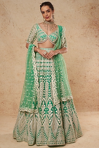Green Tulle Lehenga Set With Foil Work by Falguni Shane Peacock India