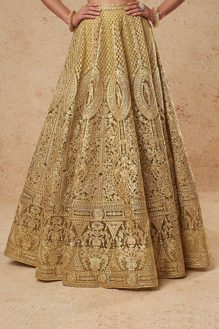 Mustard Tulle Bridal Lehenga Set With Foil Work by Falguni Shane Peacock India at Pernia's Pop Up Shop