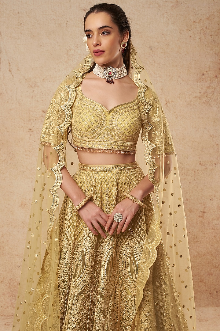 Mustard Tulle Bridal Lehenga Set With Foil Work by Falguni Shane Peacock India at Pernia's Pop Up Shop