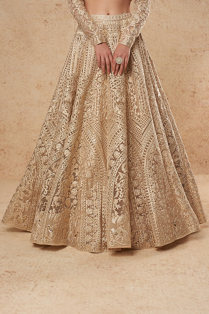 Beige Tulle Foil Bridal Lehenga Set by Falguni Shane Peacock India at Pernia's Pop Up Shop