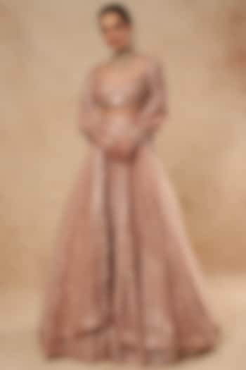 Mauve Tulle Foil Bridal Lehenga Set by Falguni Shane Peacock India at Pernia's Pop Up Shop