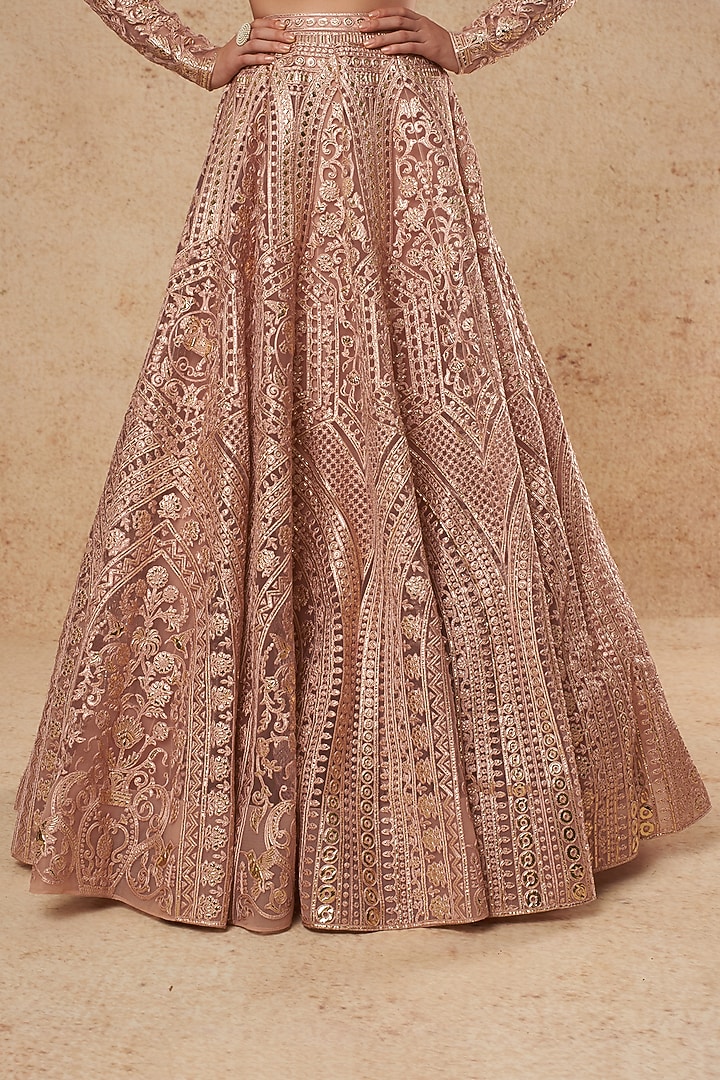 Mauve Tulle Foil Bridal Lehenga Set by Falguni Shane Peacock India at Pernia's Pop Up Shop