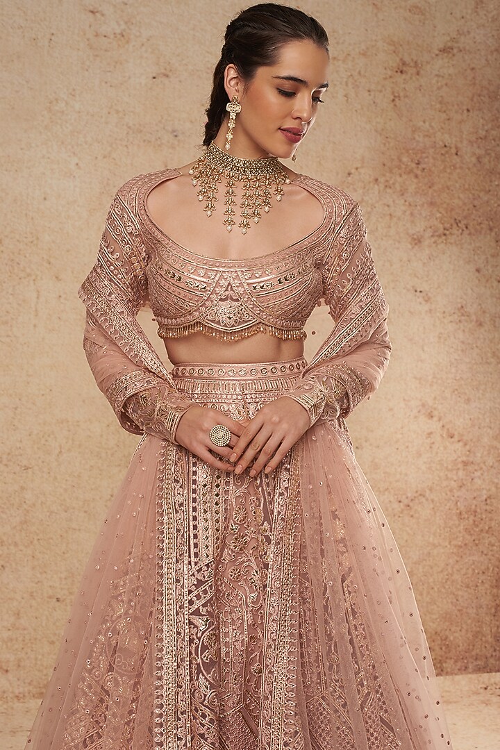 Mauve Tulle Foil Bridal Lehenga Set by Falguni Shane Peacock India at Pernia's Pop Up Shop
