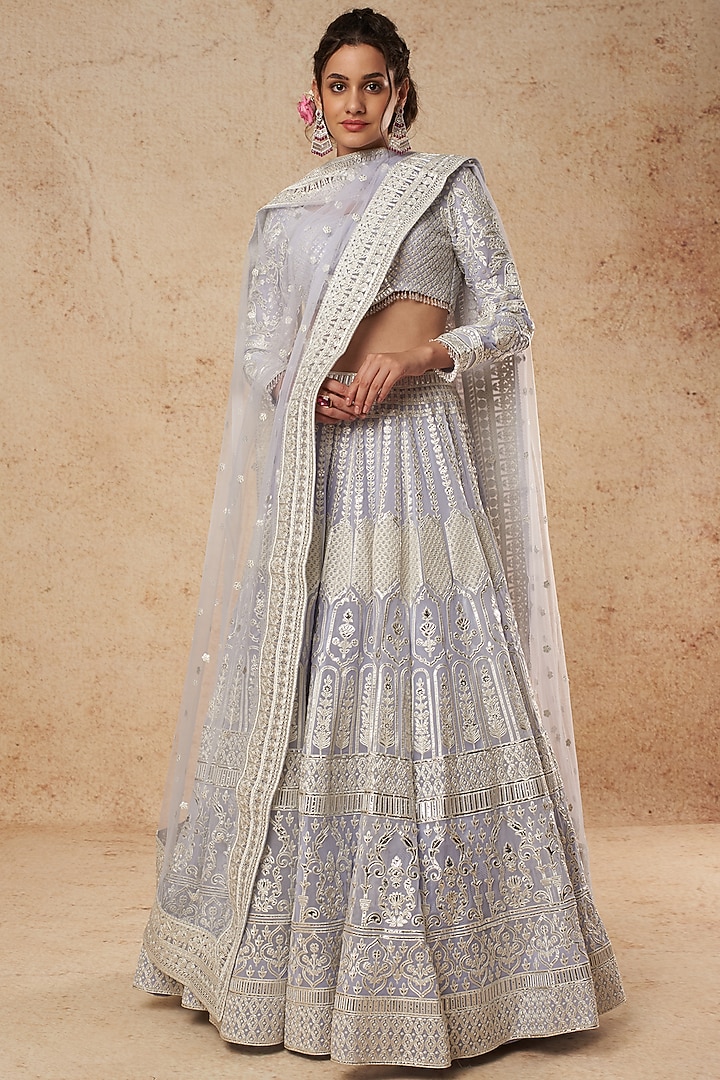 Blue Georgette Bridal Lehenga Set With Silver Foil Work by Falguni Shane Peacock India at Pernia's Pop Up Shop